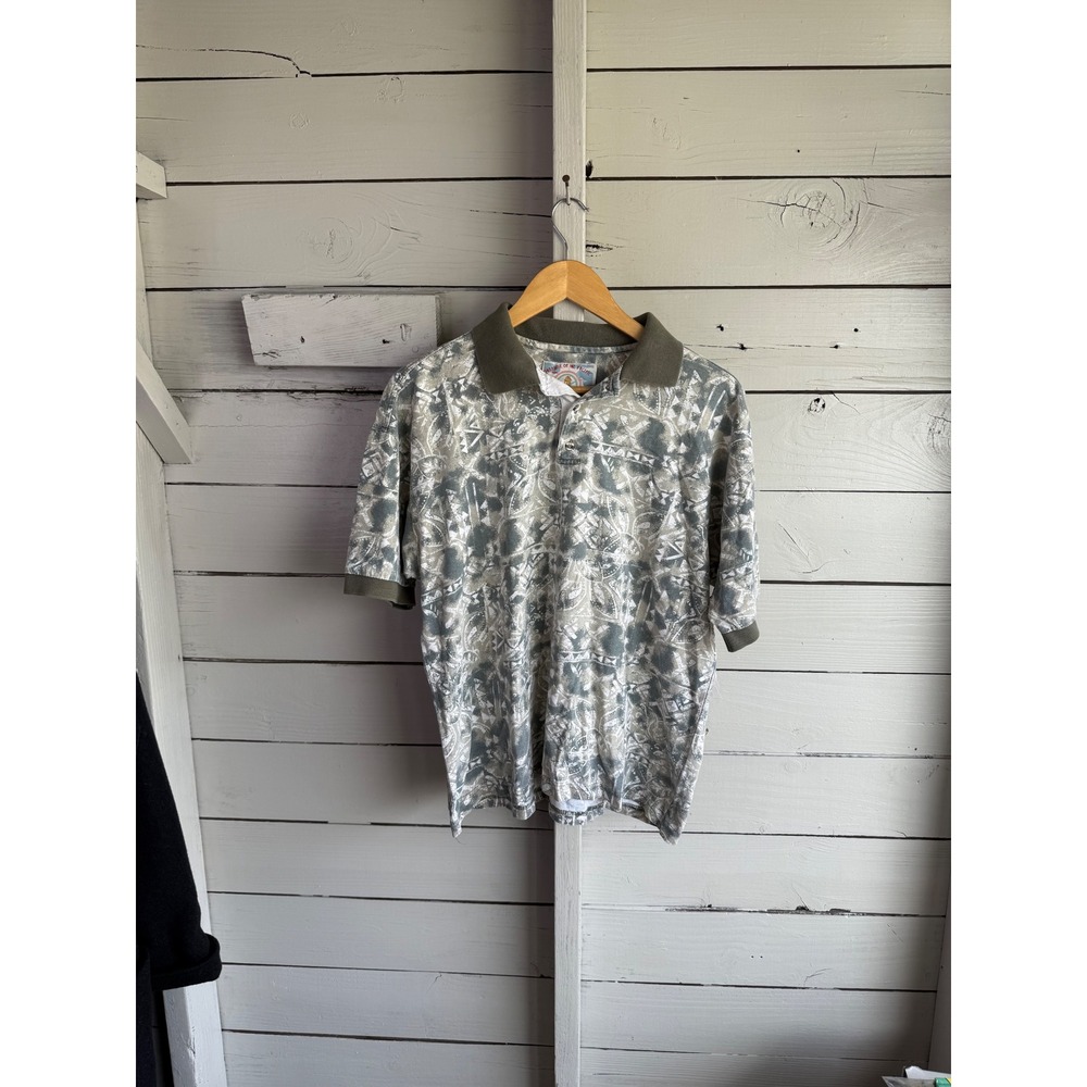 Paradise of the Pacific Mens Vintage Abstract Geometric Polo Shirt Olive Large
